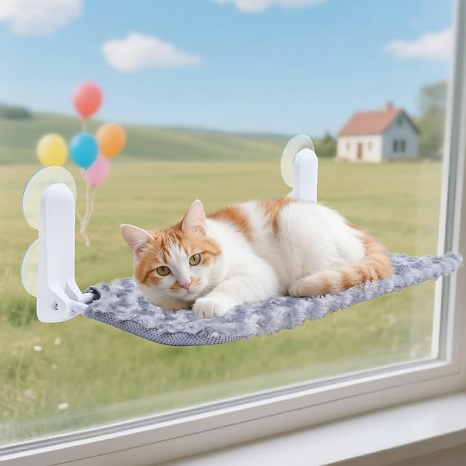 SMOUATOU Cat Window Perch, Cordless Foldable Cat Hammock Bed with 4 Suction Cups, Embeded Machine Washable Bed for Indoor Cats, Strong Metal Frame Holds 40lbs (Grey)