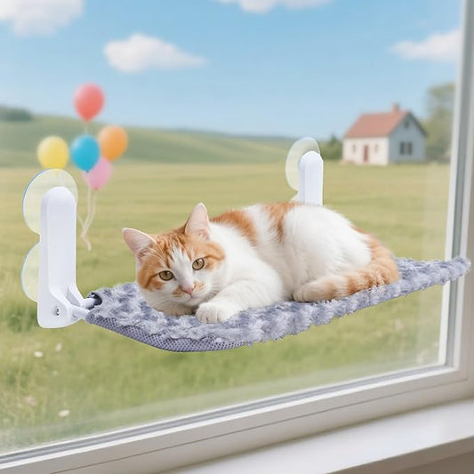 SMOUATOU Cat Window Perch, Cordless Foldable Cat Hammock Bed with 4 Suction Cups, Embeded Machine Washable Bed for Indoor Cats, Strong Metal Frame Holds 40lbs (Grey)