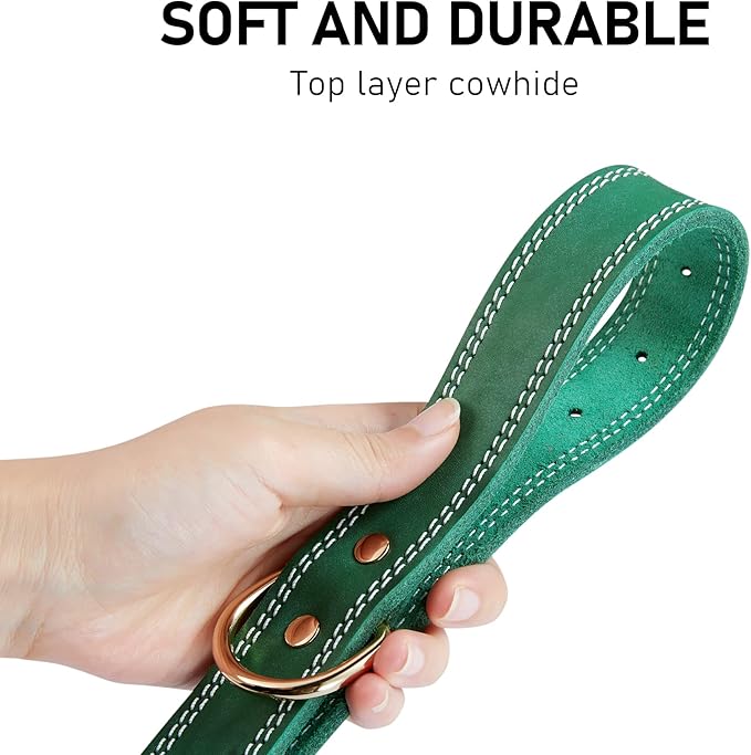 Genuine Leather Dog Collar, Heavy Duty Wide Dog Collar for Small, Medium, Large and Extra Large Dog (S: 0.8" Wide for 13.4"-15.8" Neck, Dual Stitch - Green)
