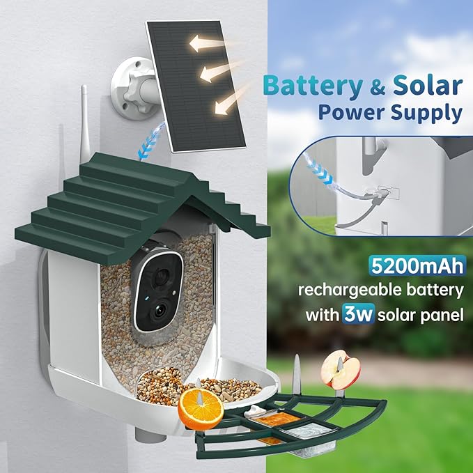 Smart Bird Feeder with Camera Solar Powered & AI Bi rd Identification, 2.4Ghz WiFi Bird feeders for Outdoors, 2K Live Video, Instant Arrival Alerts - Best Gifts for Bi rd Lovers - Green