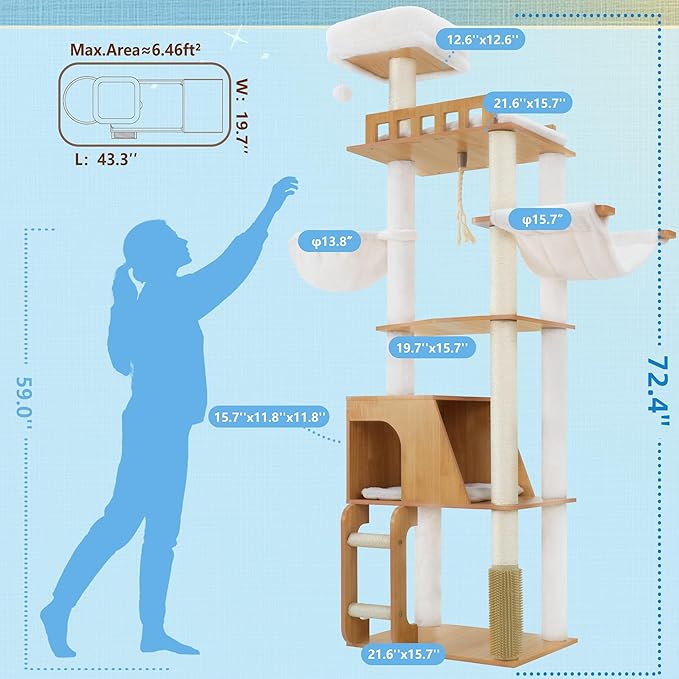 Hey-brother Wooden Cat Tree, 69.7 inch Cats Furniture Tower with Large Platforms, Hammocks, Spacious Condo, Full Sisal Scratching Posts, Ladder, Brush, Water Proof Surface, Walnut MPJ121WB
