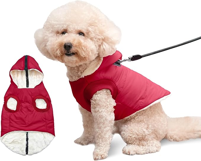 Vecomfy Fleece Lining Dog Hoodie with Harness Built in,Extra Warm Small Dog Jacket in Winter Puppy Coats with Hooded,Red M