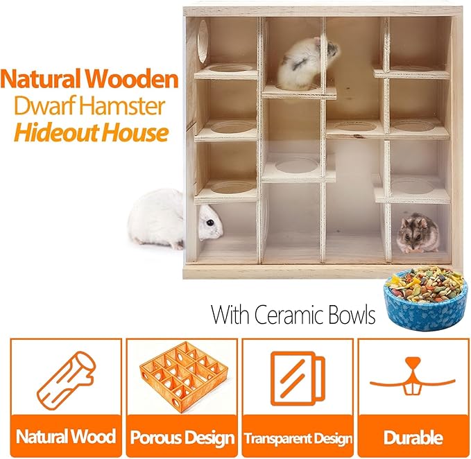 kathson Wooden Hamster Maze House with Transparent Cover,Multi-Chamber Syrian Hamster Hideout Hut,Gerbil Tunnel Exploring Toys Maze Hiding for Dwarf Hamsters,Mice,Small Animals