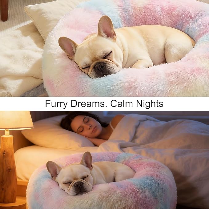 Dog Calming Beds for Small Medium Large Dogs - Round Donut Washable Puppy Dog Bed, Anti-Slip Faux Fur Fluffy Donut Cuddle Anxiety Cat Pet Bed(20'' Color)
