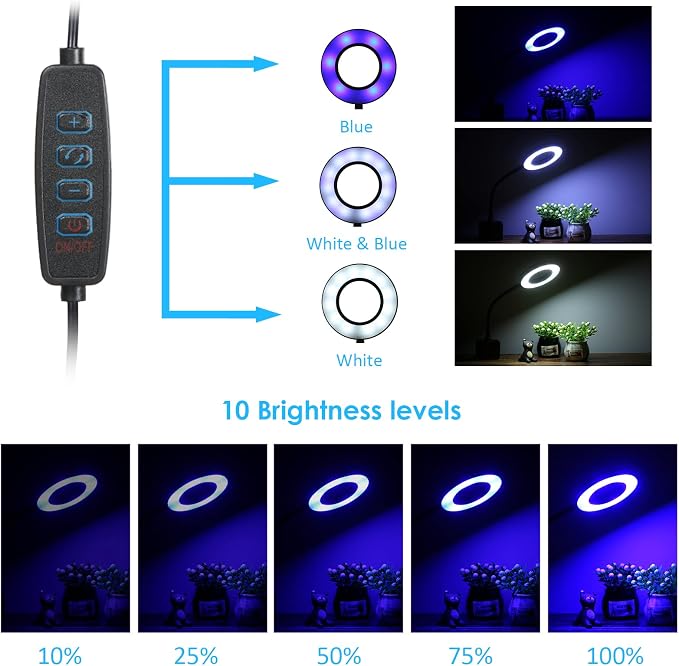 18 LED Aquarium Light with Clip on Flexible Gooseneck USB Powered Dimmable 3 Color Modes 10 Brightness Levels for Fish Tank Jar