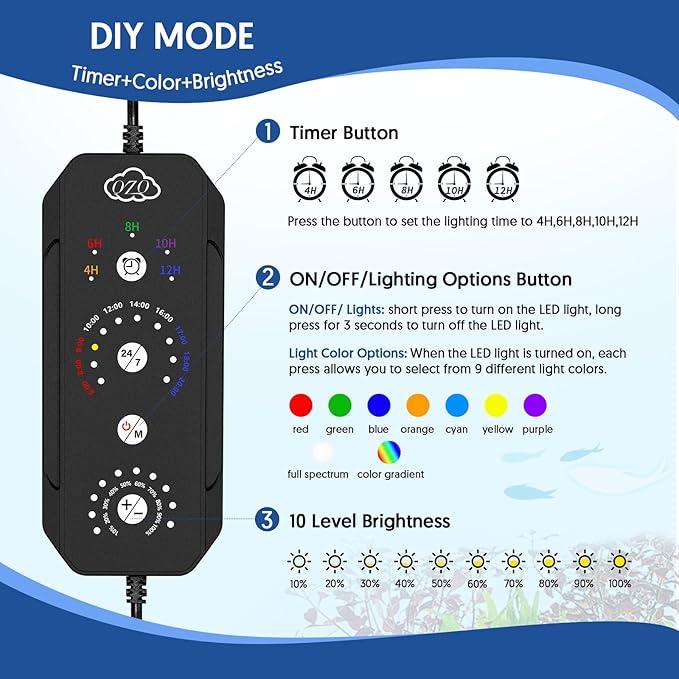 QZQ LED Aquarium Light, 24W Fish Tank Light with 24/7 Lighting Mode, Timer, DIY Mode, Adjustable Brightness, Full Spectrum Aquarium Plant Light with Extendable Brackets for 14-20 Inch Fish Tank
