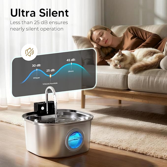 Voluas Stainless Steel Cat Water Fountain: 108oz/3.2L Wireless Cat Fountain Battery Operated for Drinking Indoor, Automatic Pet Water Dispenser Bowl with Ultra Quiet Pump, Easy Clean BPA-Free, 1Filter