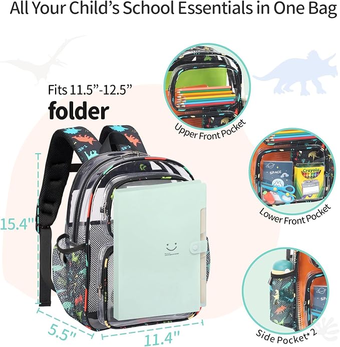 Clear Backpack Set for Boys, 15 Inch Heavy Duty Transparent Bookbag with Lunch Bag, Kindergarten to 2nd Grade School Bag, Security Approved PVC, Black Dinosaur