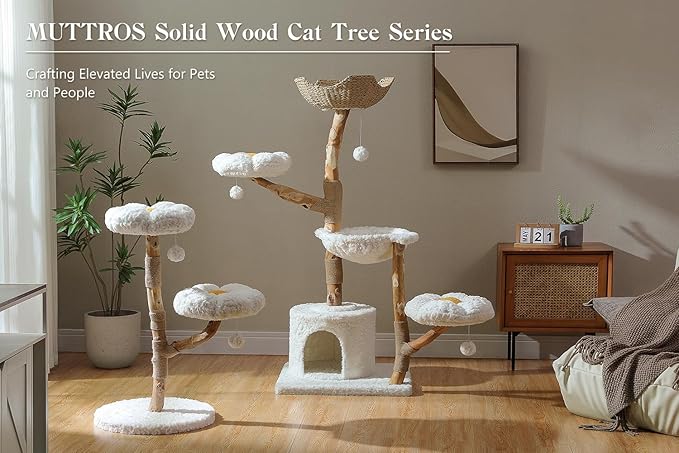 MUTTROS 59" Modern Cat Tree Tower for Large Cats w/2 Flower Perches-Natural Solid Wood Scratching Post with Real Branch-Luxury Boho Cat Furniture w/Condo & Wicker Basket Bed, Cloud White