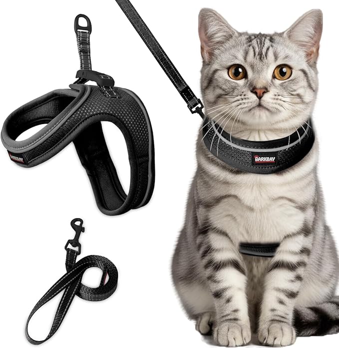 Cat Harness and Leash Set,Escape Proof Kitten Harness,Step in Adjustable Soft Lightweight,Easy Control,Reflective Strips Comfortable for Walking Travel(Black,M)