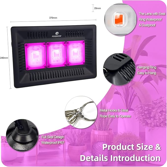 CANAGROW Waterproof Plant Light, Outdoor Grow Light, Full Spectrum COB LED Grow Light with No Noise, Refugium Light for Saltwater Aquarium, Heating Lamps for Plants Seeding Veg Blooming Fruiting
