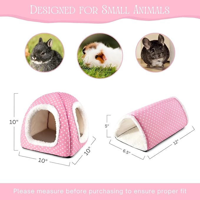 Guinea Pig Hideout and Play Tunnel Set, Washable Fleece Bed for Dwarf Rabbits, Bunnies, Chinchillas, Small Animal Toys - Pink Dot