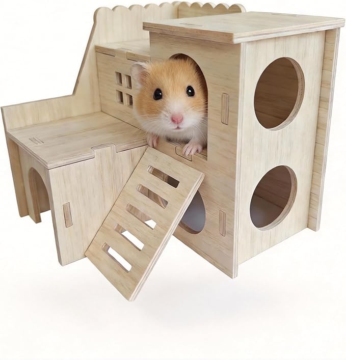 Multi-Chamber Hamster Hideout & House, Natural Wood Small Animal Cage Accessories for Dwarf Hamsters, Gerbils and Mice – Ventilated Design with Structure (Model 1)