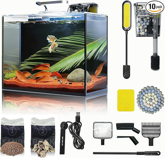 3 Gallon Small Fish Tank Glass Aquarium Set, Starter Kit with Heater Water Pump Cleaning Filter Bright Light Rocks Gravel Cleaning Tool, Leak-Proof Clear Rimless Desktop Spaces Saving Betta Fish