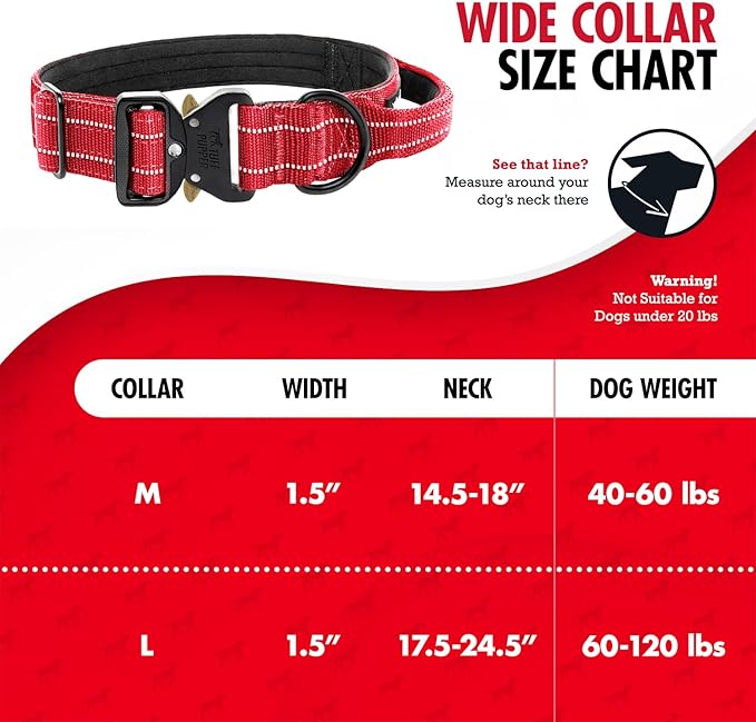 Tuff Pupper Tactical Dog Collar | Heavy Duty 1.5" Wide Ballistic Nylon | Training Control Handle | Quick-Release Metal Buckle | Reflective Bands | ID Tag Holder | Padded Inner Lining (Red, Medium)