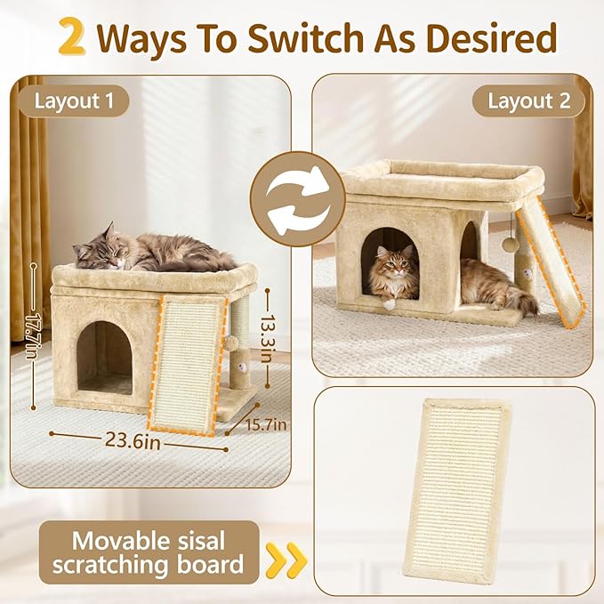 Cat Tree Tower Bed with Scratching Post for Indoor, Heavy Duty Small Stand House Condo for Large Cats & Kittens, Platform Perch Hideout Climb Rest Area, Modern Sturdy Furniture, Beige