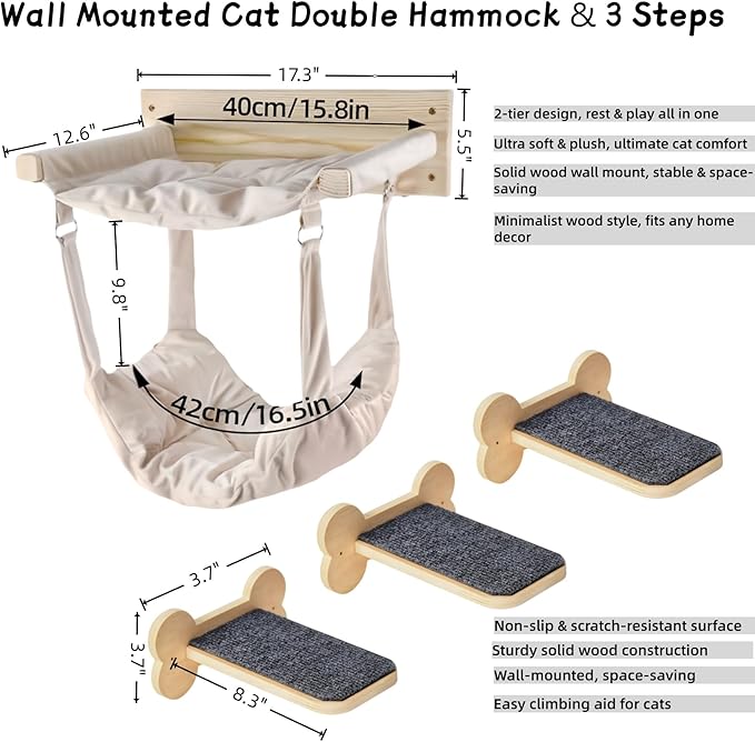 Wall Mounted Cat Double Hammock & 3 Steps, Pine Climbing Shelf & Perch Set, Multi-Function Wall-Mounted Cat Furniture for Sleep Play Climb, Easy DIY Installation