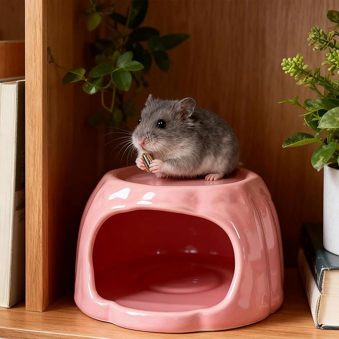 Hamster House Ceramic Hideout Small Animal Food Bowl Pudding Shaped Decorative Habitat Suitable for Hamster Cage Pet Gift Home Decoration, Pink