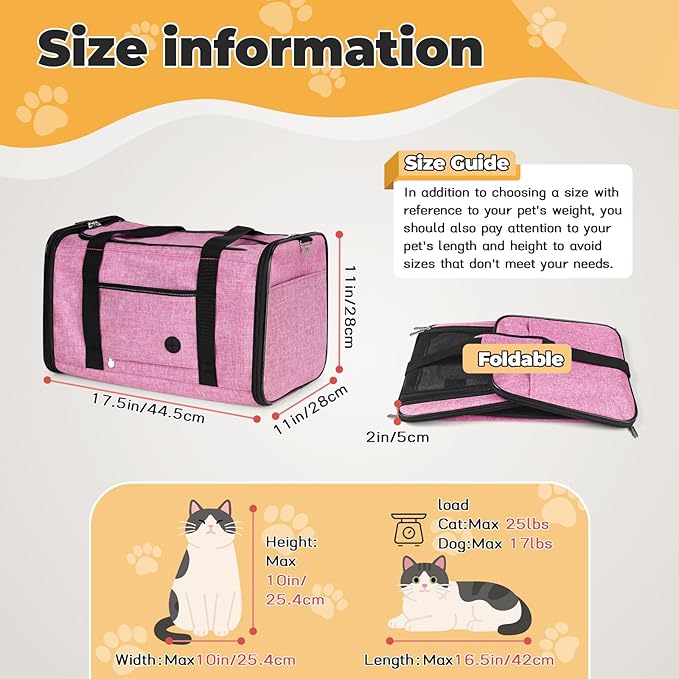 YUDODO 2 Packs 25 lbs Lightproof Soft Sided Cat Carrier for Large Cat & Small Dog Airline Approved Travel Puppy Carriers with Side Pockets & Reflective Mesh, Foldable Portable for Car Grey Green+Pink