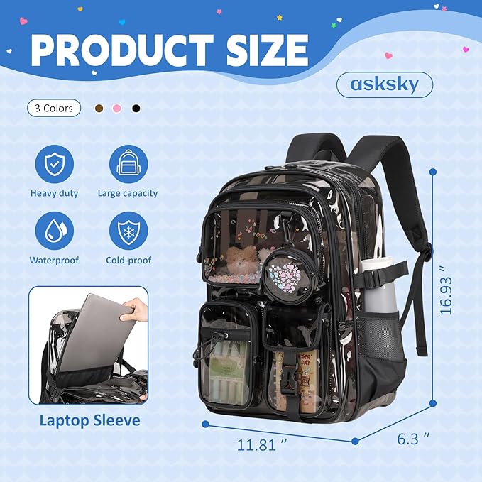 Clear Backpacks for Stadium Events Heavy Duty Clear Bookbag for School Girls Transparent Back Pack, Black Semitransparent