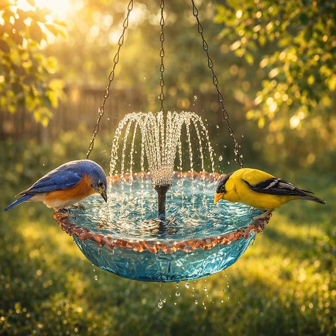 Solar Cascade Hanging Bird Bath Fountain, 2026 New Outdoor Hanging Bird Bath with Solar Fountain, Large Humming Birds Baths Fountains, with Solars Pump & Glass Bowl, for Outdoor, Gardens (#4)