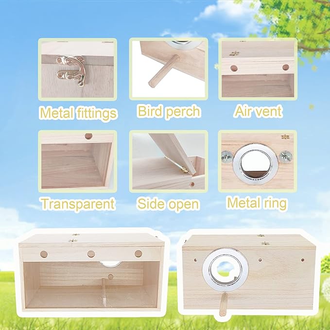 Tfwadmx Parakeet Nesting Box, Transparent Bird Nest Breeding Box, Wood Parrot Nest Box with Perch Bird Cage House for Cockatiel Lovebirds Budagie Canary Finch(L)
