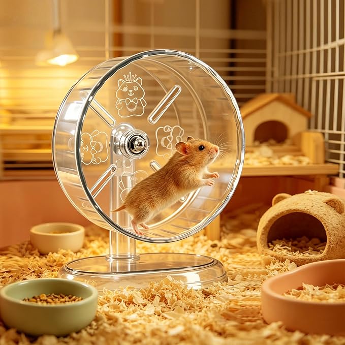 Hamster Exercise Wheel,Super-Silent Small Animals Exercise Wheels,Quiet Hamster Running Wheels with Adjustable Stand for Hamsters, Gerbils, Rats, or Other Small Pets (Transparent, 8.3 inch)