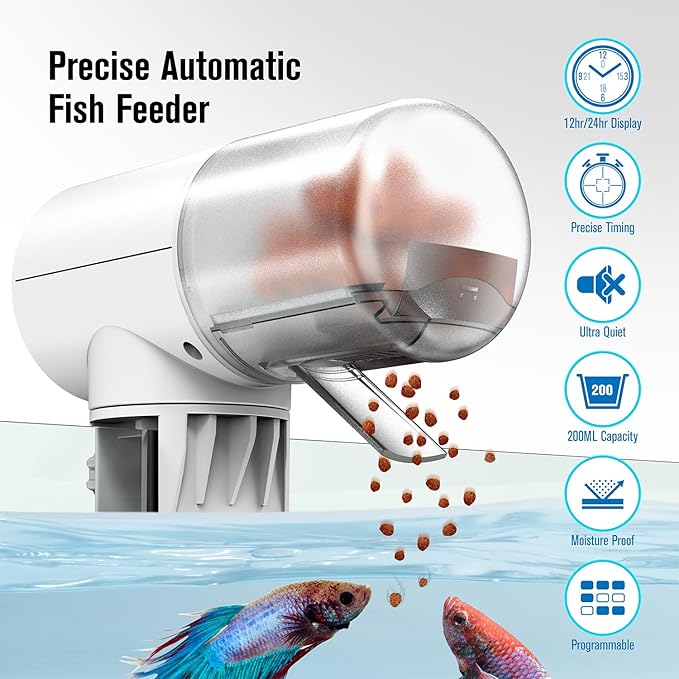 JuzPetz Automatic Fish Feeder Dispenser for Aquarium, 200ml Large Capacity Auto Turtle Fish Feeder for Small Tank, Battery Powered Food Feeding Timer for 7, 14 Day Weekend Vacation, Batteries Included
