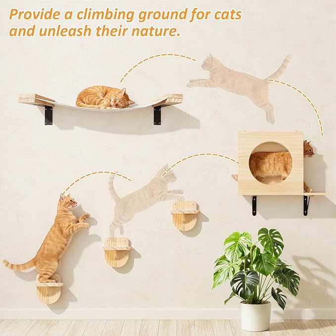 TIMIEEYA Cat Wall Shelves - Stable & Safe 5 in 1 Cat Walls Furniture Set, Wooden Kitten Climbing Wall with 1 Condos House, 1 Hammock & 3 Wall Steps