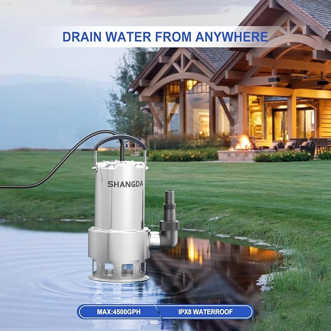 Sump Pump 1HP Submersible Water Pump 4500GPH Stainless Steel Electric Clean/Dirty Water Draining Transfer Pumps with Adapters for Pool Hot Tub Pond
