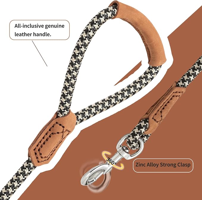 Mile High Life | Premium Leather Handle Dog Leash | Strong Rope Leash | Zinc Alloy Strong Clasp | Small Medium Large Dogs | 4/5/6 Feet(Black Khaki, 72 Inch (Pack of 1))