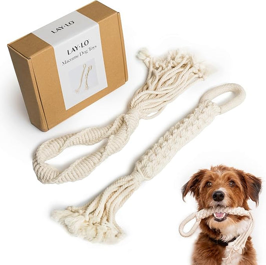 LAY LO Natural Cotton Dog Rope Toy for Small & Medium Dogs, Non-Toxic Rope Toy, 2-Pack Puppy Teething Toy, Durable Boho Dog Toys with Handle