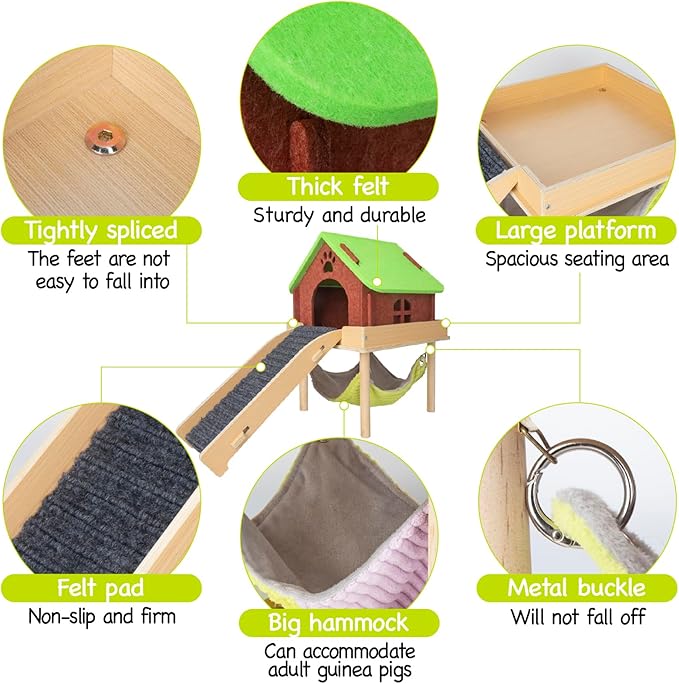 BESNEW 3 in 1 Enlarged Guinea Pig Hammock,Wooden Guinea Pig Hideout with House & Platform & Stairs Small Animal Toys for Hiding Sleeping Activities
