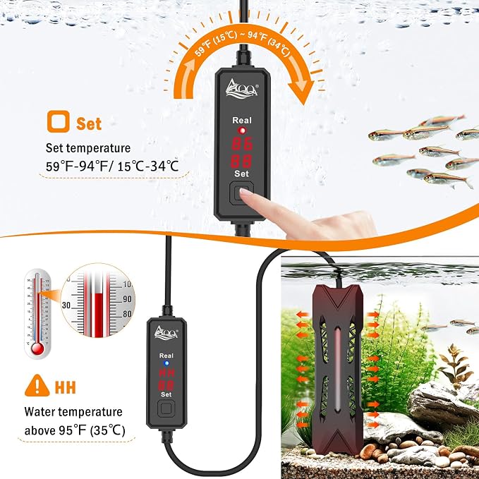 AQQA Small Aquarium Heater,Submersible Fish Tank Heater Adjustable Temperature,Mini Short Dual-use Fish Heater with LED Digital Display Thermostat,Saltwater Freshwater 200W
