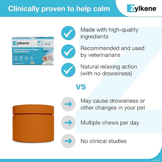 Vetoquinol Zylkene Calming Support Supplement for Small Dogs and Cats, Helps Promote Relaxation and Reduce External Stress Factors, Daily Behavioral Support and Anxiety Relief for Dogs and Cats, 75mg