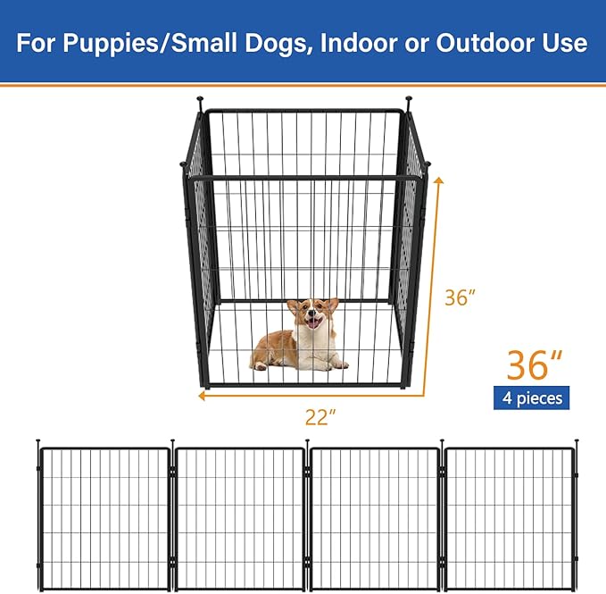 Dog Playpen Add-on 36 inch 4 Panels for Indoor & Outdoor Use – Heavy-Duty Metal Pet Fence with Ground Stakes, Rounded Ball Tops for Safety, Stable & Foldable Design, Easy to Assemble