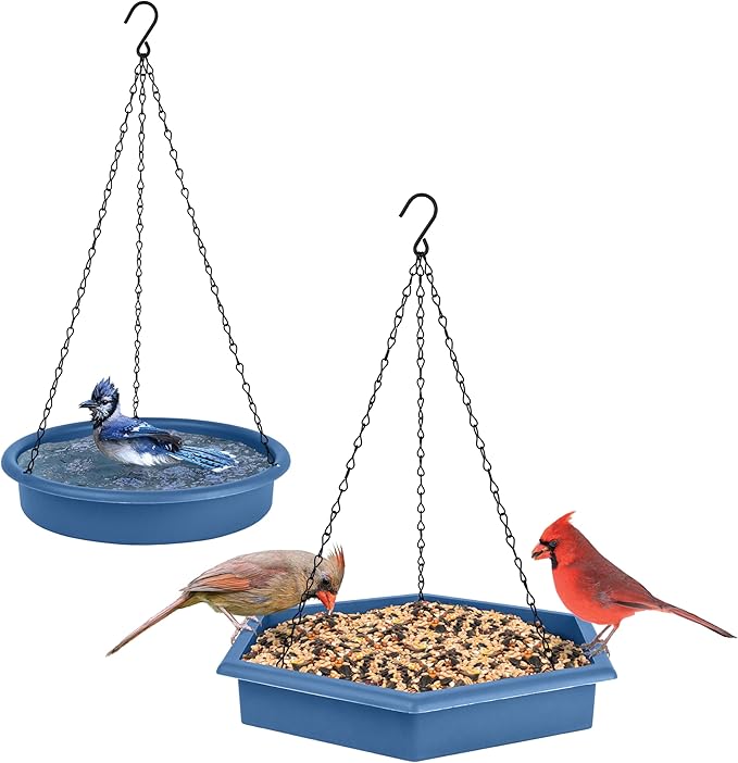 Combo Café 2-in-1 Recycled Plastic Bird Feeder and Bird Bath for Wild Birds and Outdoor Décor, Hanging Bird Bath and Tray Feeder with Chains Included, 1.5 Quart Capacity, Blue