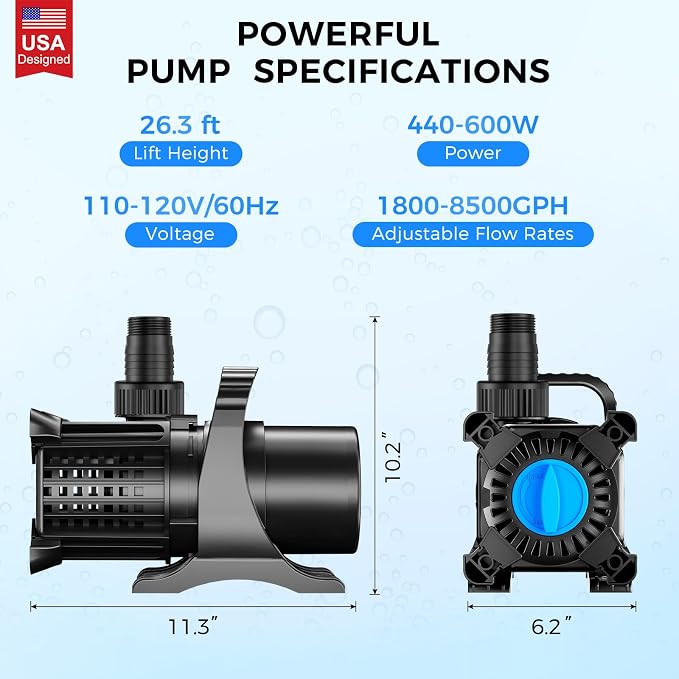 Pond Pump, 8500 GPH Adjustable Flow Submersible Water Pump with Filter Bag, Copper Motor, IPX8 Waterproof for Outdoor Koi Pond, Fountain, Waterfall, Hydroponics
