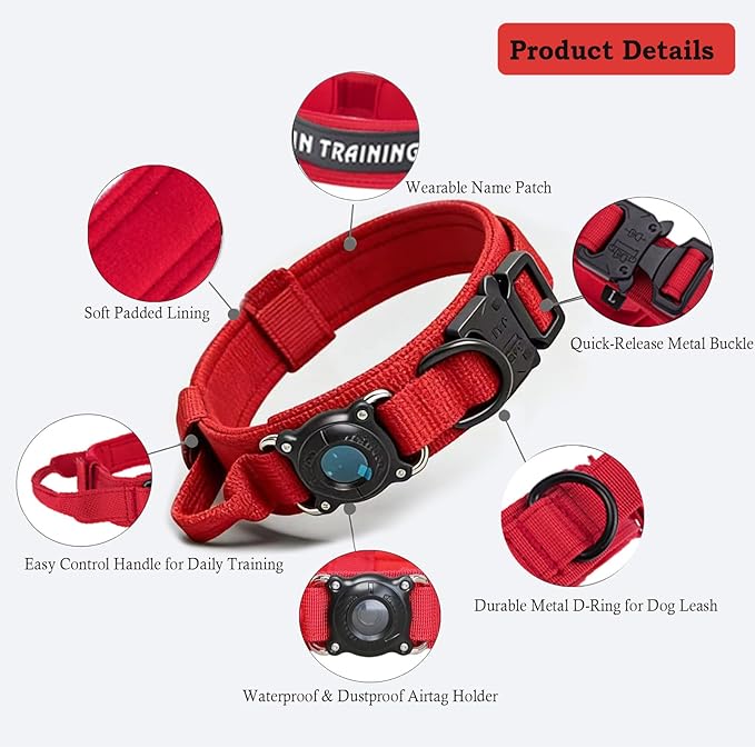 Upgraded AirTag Dog Collar,Waterproof Tactical Dog Collar with AirTag Holder, Control Handle and Metal Buckle,Heavy Duty Dog Collars for Large Dogs(Red，XXL