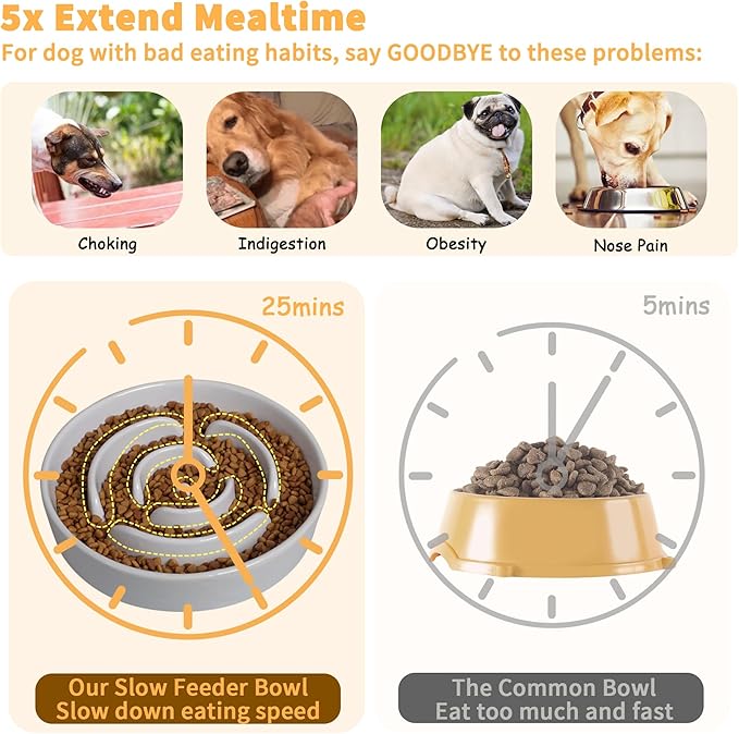 Elevated Slow Feeder Dog Bowl Large Breed, 8.8 Inch Ceramic Slow Eating Bowl with Bamboo Stand, Anti-Choking Raised Maze Design for Medium to Large Dogs, 3.2 Cup, Grey