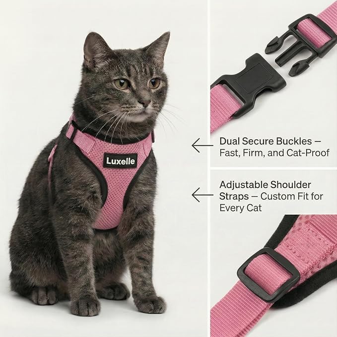 Luxelle 2 Pack Escape-Proof Cat Harness and Leash Set for Walking – Adjustable No Pull Soft Vest with Easy-Wear Buckle, Reflective Straps, Breathable Mesh – Outdoor Travel Harness for Cats & Kittens