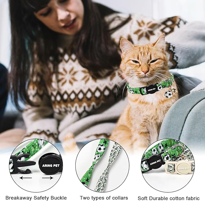 ARING PET 2 Pack Cat Collars with Bell, Cute Soft Cotton Kitten Kitty Breakaway Summer Cat Collars for Boy Girl Cats-Dinosaur & Green Soccer