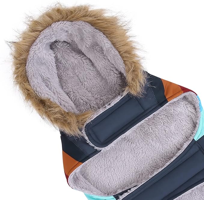 HDE Dog Puffer Jacket Fleece Lined Warm Dog Parka Winter Coat with Harness Hole Navy Retro Stripe - M