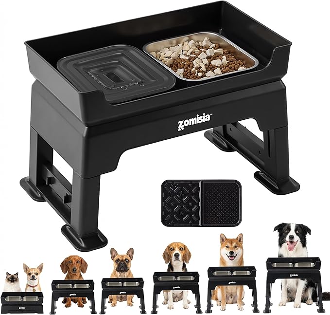 ZOMISIA 3-in-1 Raised Dog Bowl - 6 Height Adjustable Elevated Dog Bowls, Double Deck Design Mess Proof, Feeding Station with 2L No Spill Stainless Steel Bowls & Licking Plate for Medium Large Pets