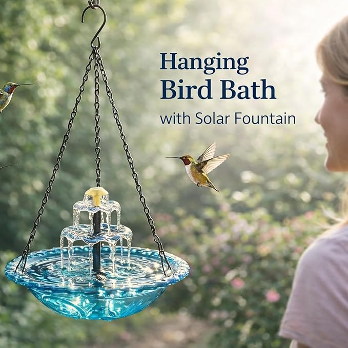 Hanging Bird Bath with Solar Fountain - 3 Layers Cascading Bird Bath Fountains | with Solar Pump & Bowl, Bird Baths for Hummingbirds, Garden Patio Backyard Lawn Decor