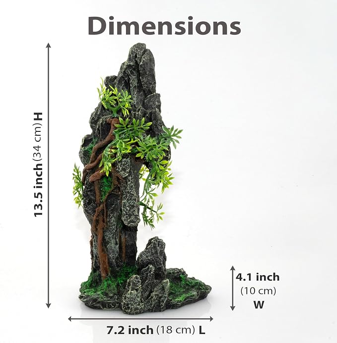 Aquarium Mountain View Stone Ornament, Large Resin Hideout Cave for Betta & Shrimp, Fish Tank Decor Rock Cave with Fish Cave and Hideouts (7.28" x 4.13" x 13.58")