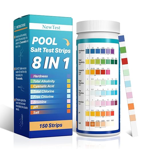 Pool Salt Test Strips: 150CT 8 in 1 Professional Pool Test Strips | Quick Accurate Results Saltwater Pool Testing Kit for Salt Water Pool & Hot Tub & Spa & Swimming Inground Pools