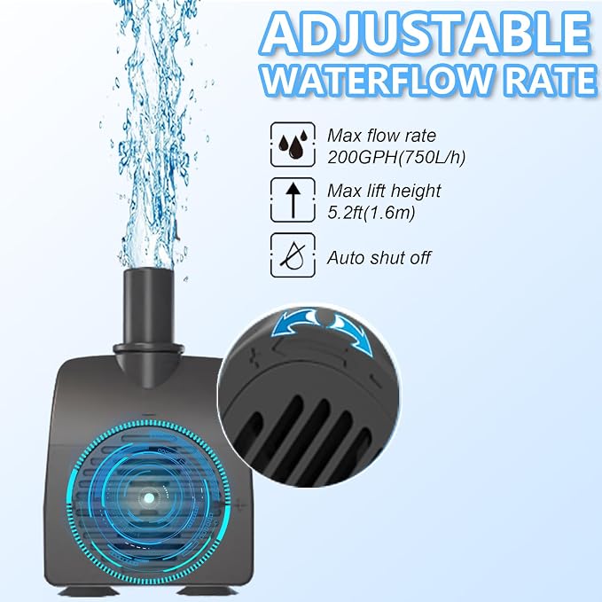 Submersible Water Pump 200GPH with AUTO Shut Off for Fountains | 5.2ft. High Lift, with 3.3ft Hose，Perfect for Hydroponics, Small Ponds, Aquariums & More
