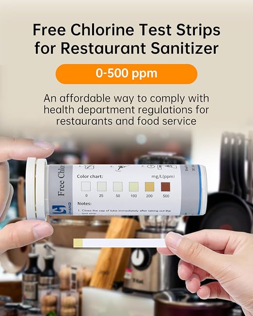 0-500 ppm Chlorine Test Strips,100 Strips, Restaurant Sanitizer Test Kit | Instant Color Readout, Bleach Test Strips for Food Service, Bars, Hotels, Kitchen Supplies, Food Trucks, Daycare, Factory