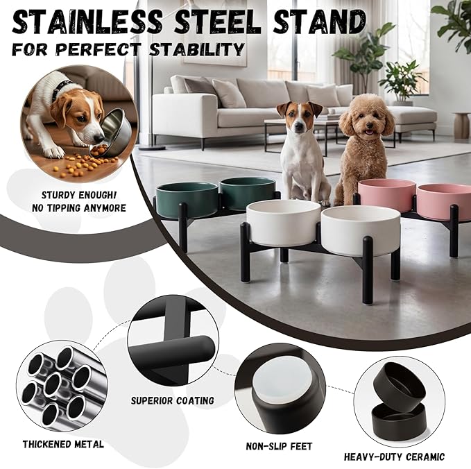 Raised Ceramic Dog Bowl Set - Elevated Double Dishes with Stainless Steel Stand - Food and Water Bowls for Small to Medium Dogs - Each Holds 3.5 Cups (29.57 fl oz) - Black